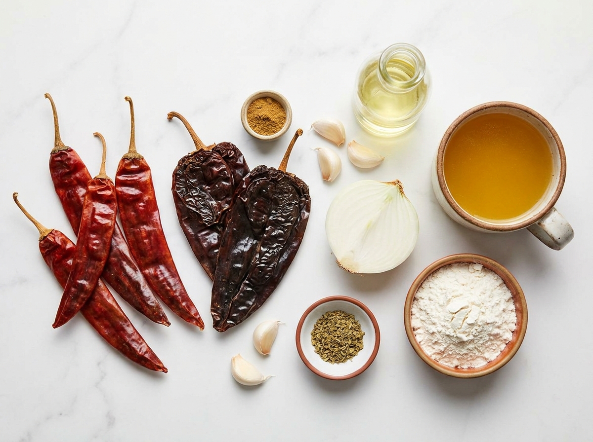Dried guajillo and ancho chiles, garlic, white onion, cumin, and broth grouped on a light wood surface