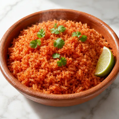 Fluffy Mexican red rice arroz rojo in a terracotta bowl with cilantro and lime