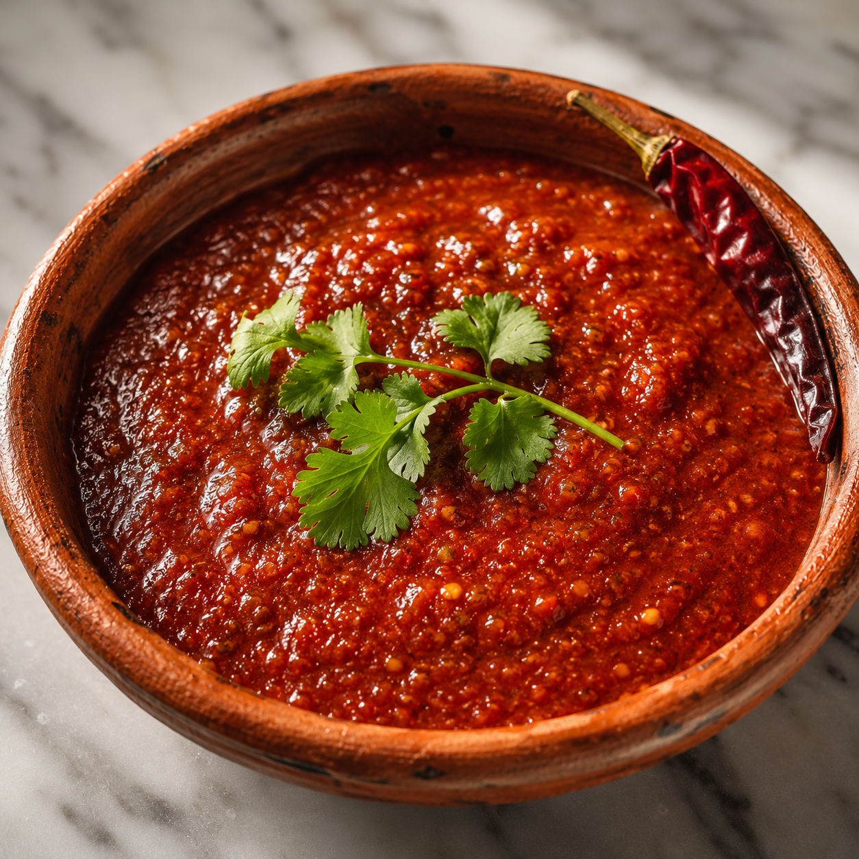 Authentic Mexican salsa roja in a clay bowl with cilantro and a dried chile on a wooden table