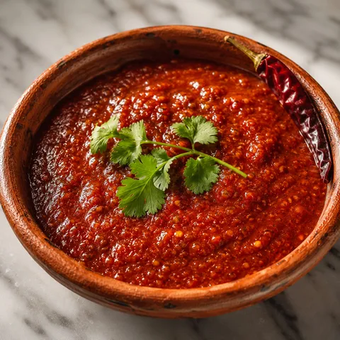 Authentic Mexican salsa roja in a clay bowl with cilantro and a dried chile on a wooden table