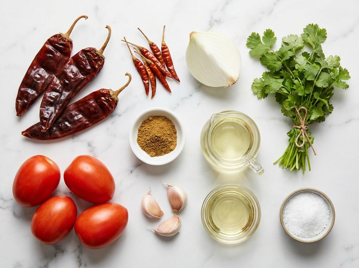 Raw ingredients for Mexican salsa roja including guajillo chiles, roma tomatoes, and garlic on concrete