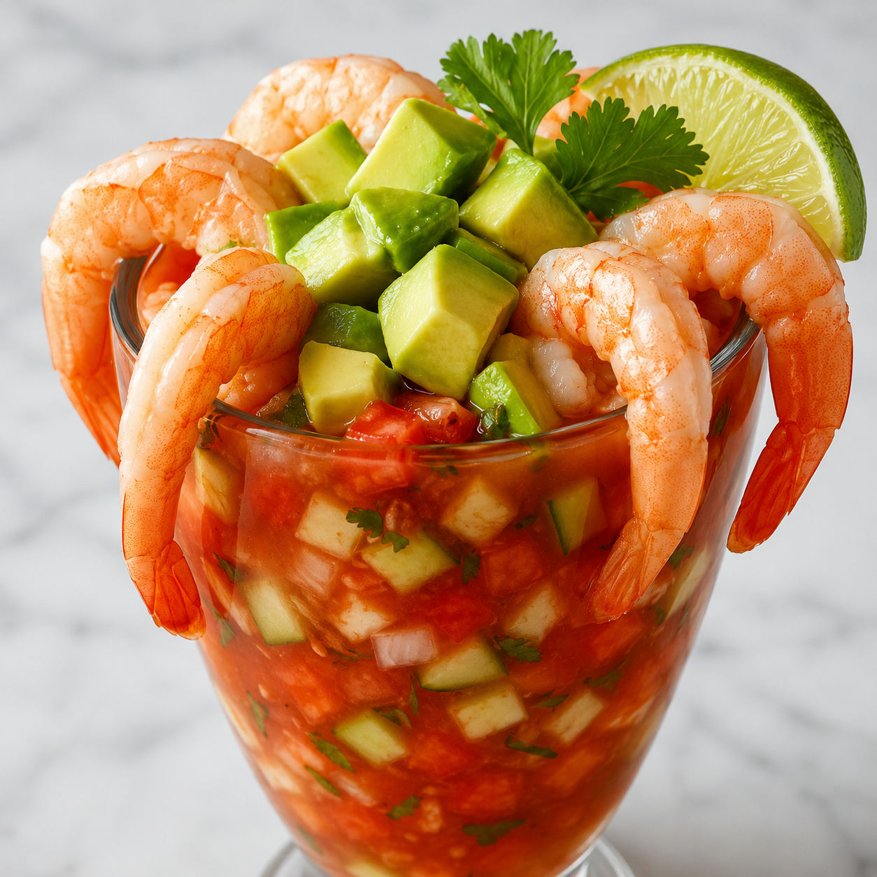 Mexican shrimp cocktail in a tall glass with avocado, lime, and Clamato sauce