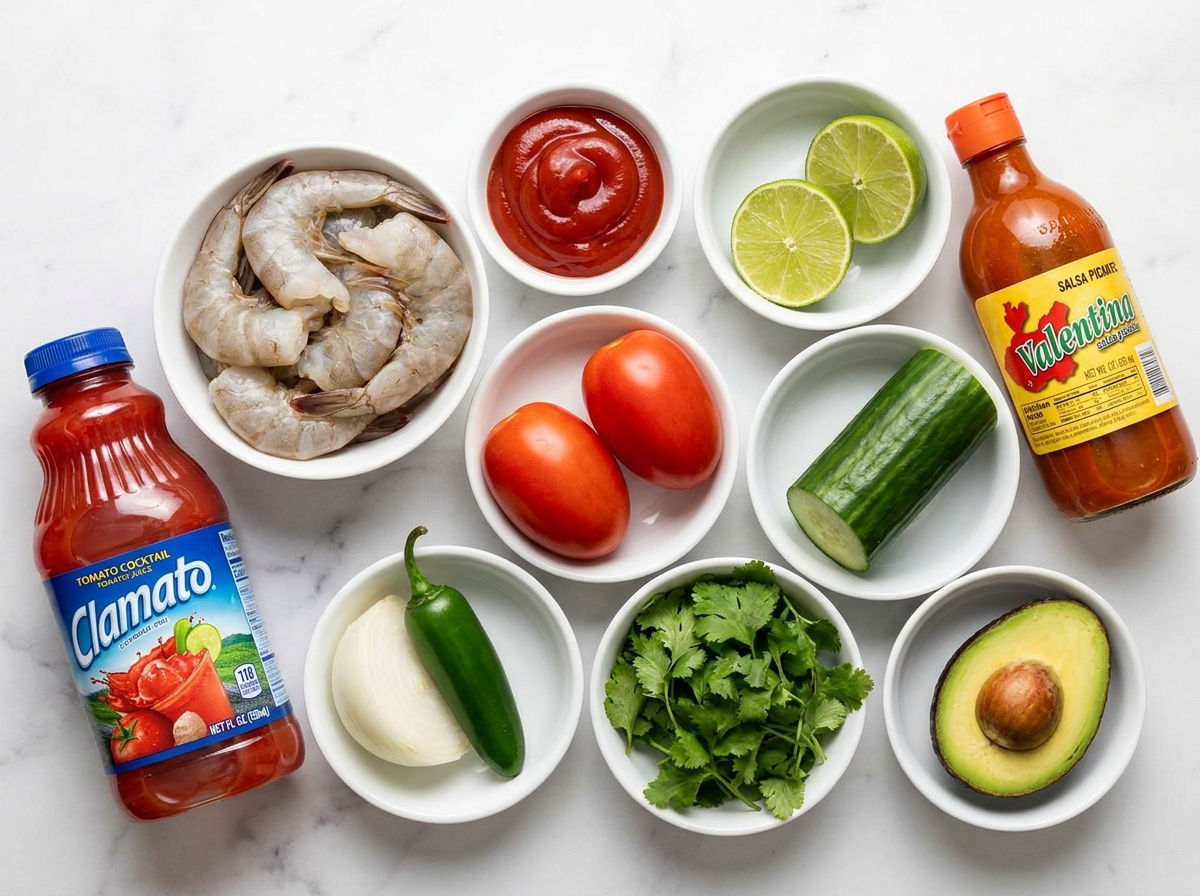 Raw ingredients for Mexican shrimp cocktail on a marble surface