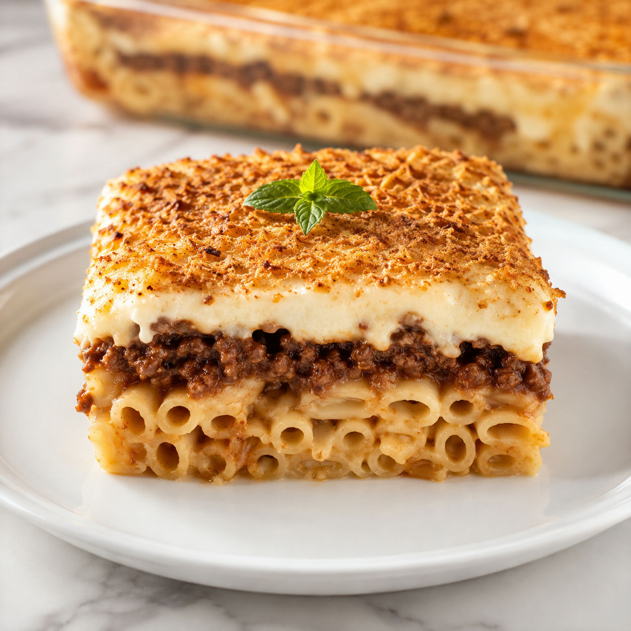 Pastitsio slice with pasta, beef sauce, and golden bechamel on a white plate