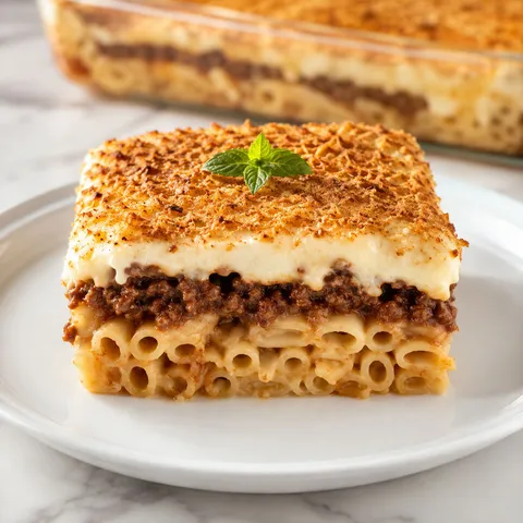 Pastitsio slice with pasta, beef sauce, and golden bechamel on a white plate