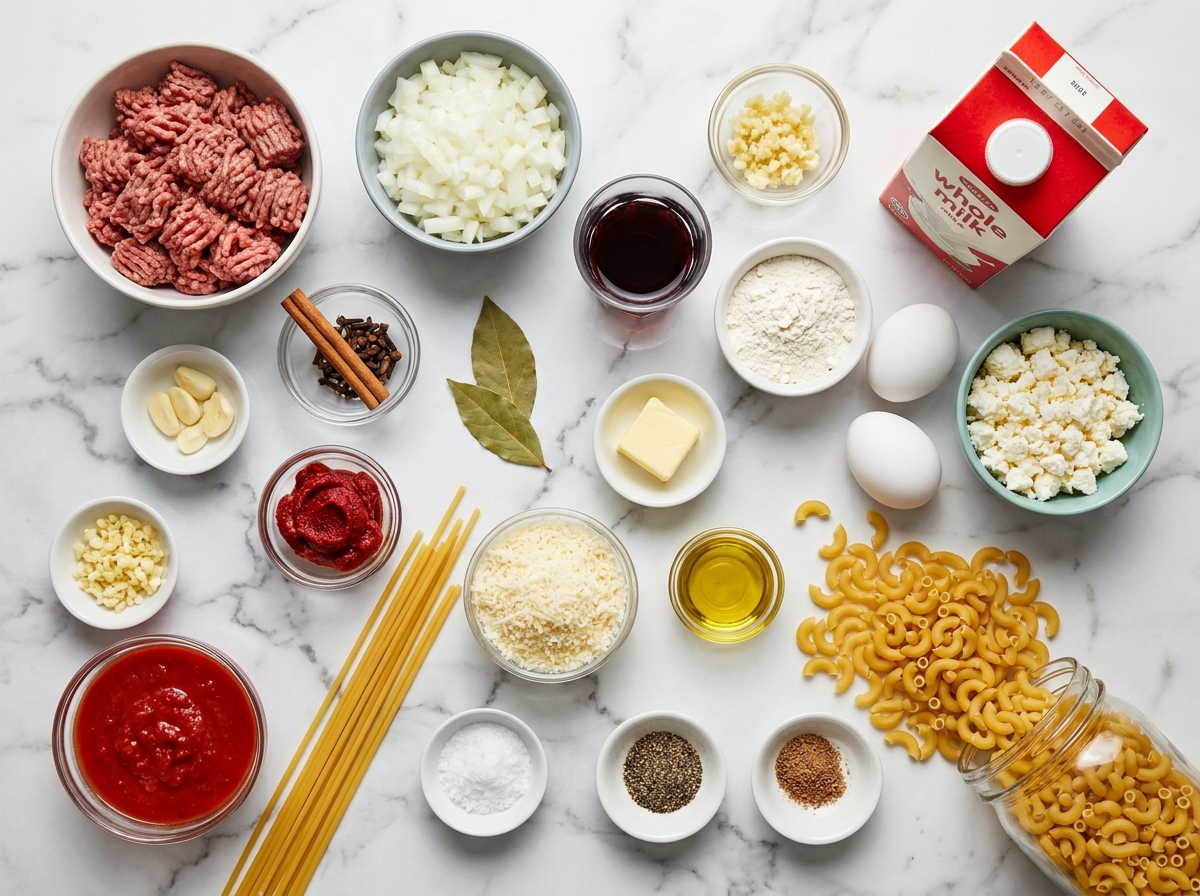 Ingredients for pastitsio with pasta, beef, spices, cheese, milk, and eggs