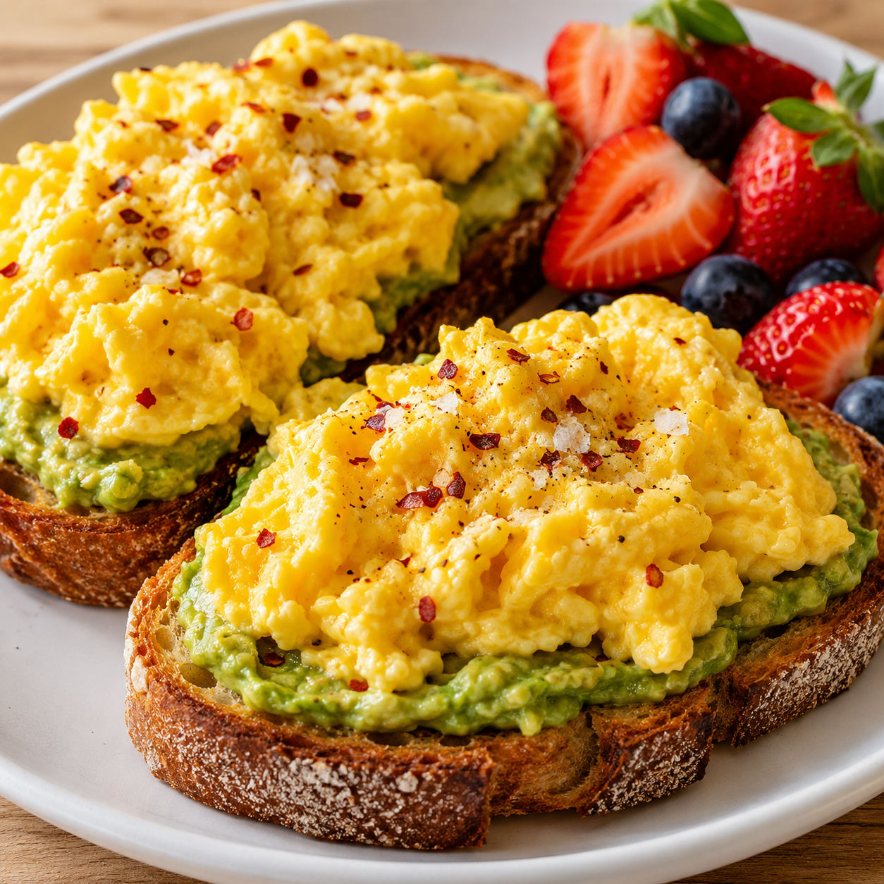 Avocado toast with scrambled eggs, red pepper flakes, and fresh berries on a white plate