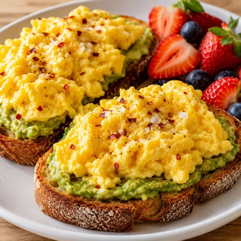 Avocado toast with scrambled eggs, red pepper flakes, and fresh berries on a white plate