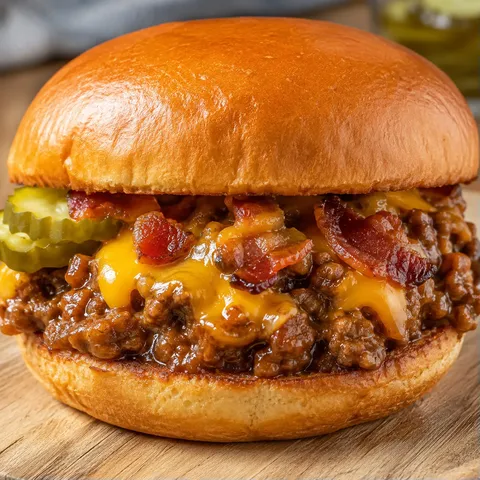 Bacon beer and cheese sloppy joe on a toasted bun with melted cheddar