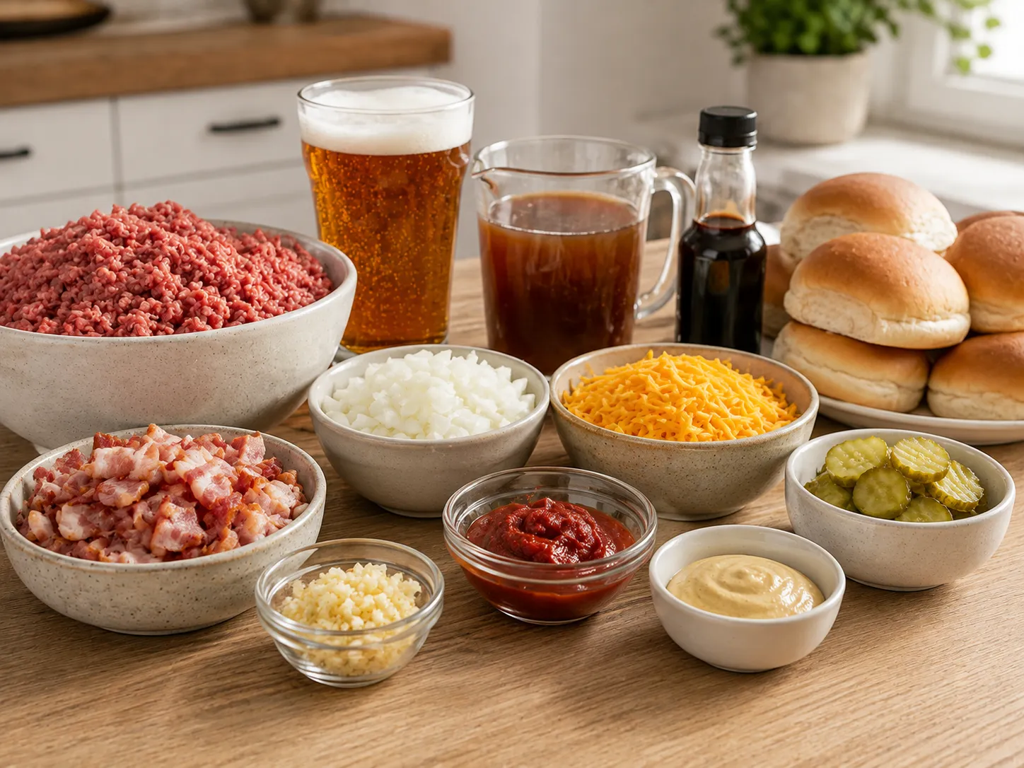 Ingredients for bacon beer and cheese sloppy joes on a wooden surface