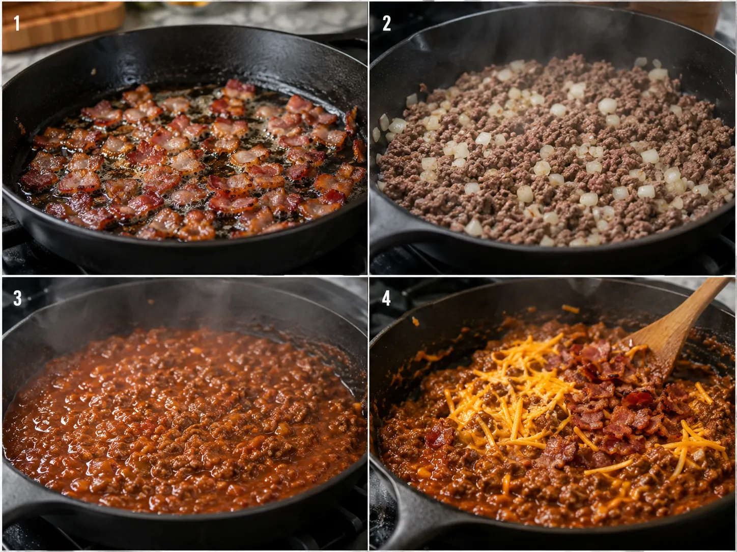 Four cooking steps for bacon beer and cheese sloppy joe filling
