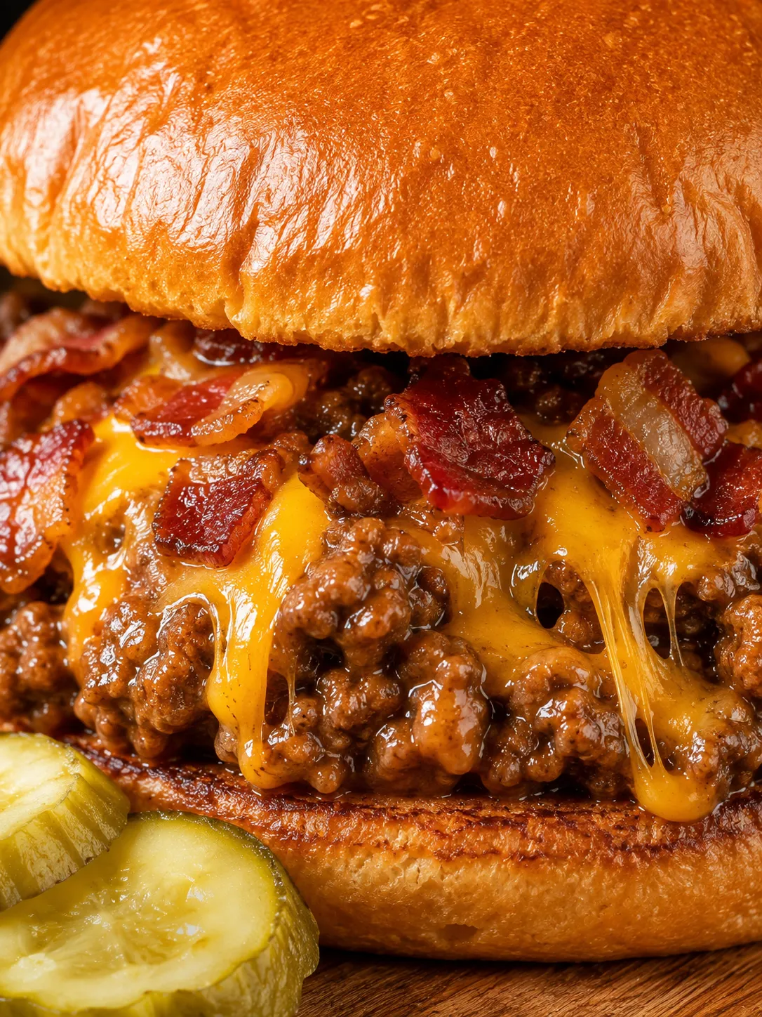 Saucy bacon beer cheese sloppy joe with melted cheddar on a toasted bun