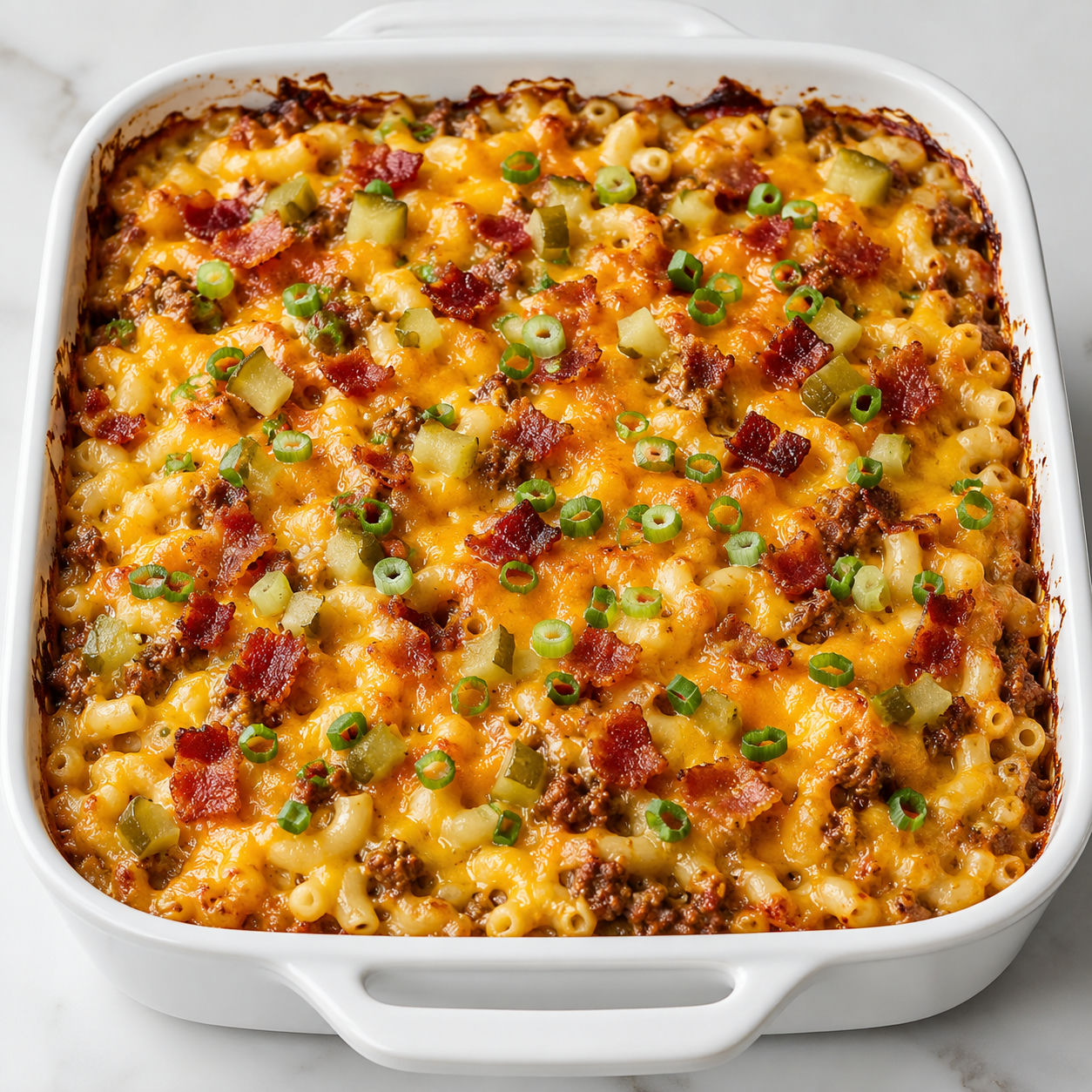 Bacon cheeseburger casserole with cheddar, bacon, pickles, and macaroni