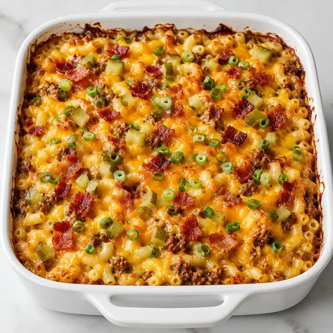 Bacon cheeseburger casserole with cheddar, bacon, pickles, and macaroni