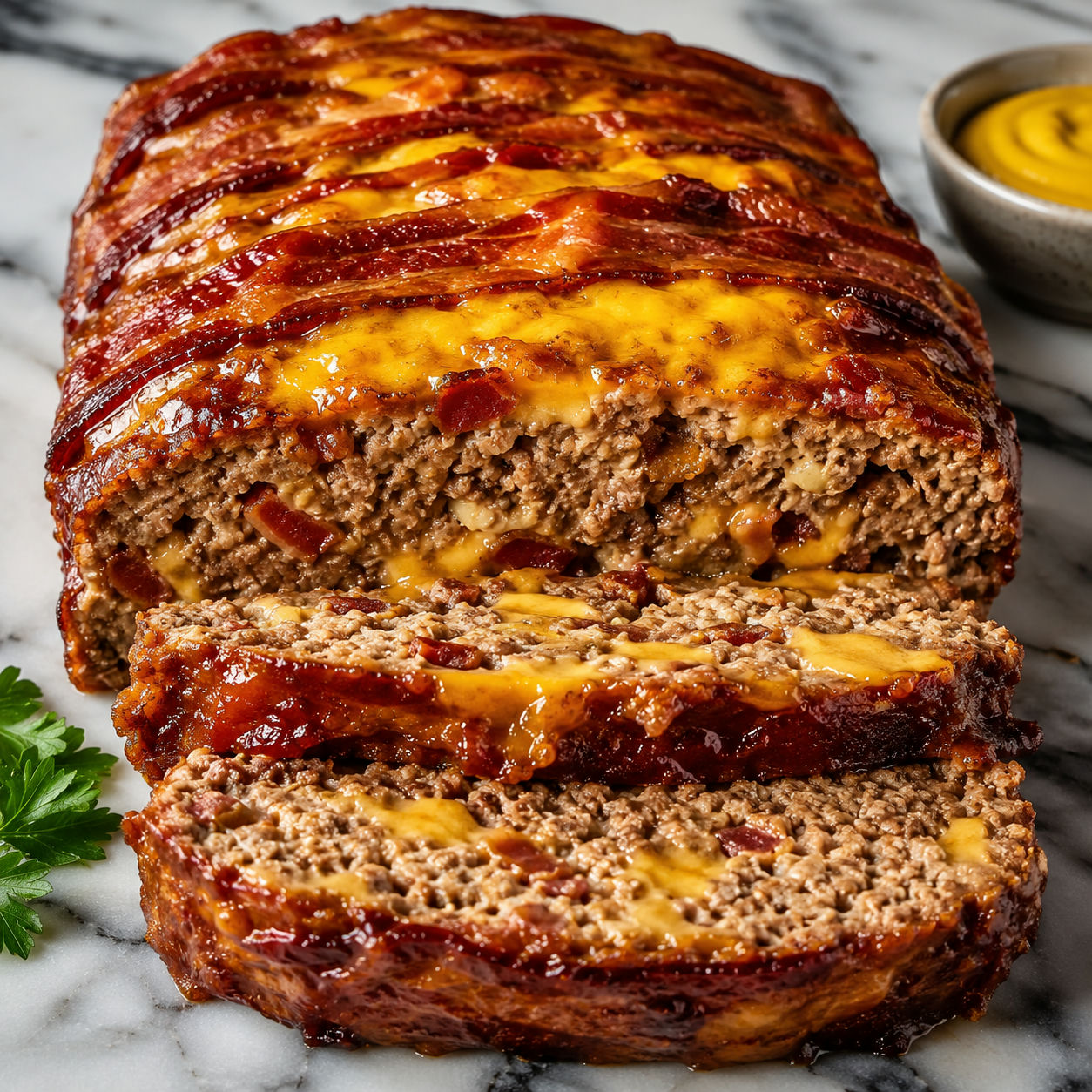 Sliced bacon cheeseburger meatloaf with melted cheddar and ketchup glaze on a wooden board