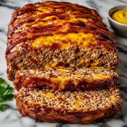 Sliced bacon cheeseburger meatloaf with melted cheddar and ketchup glaze on a wooden board