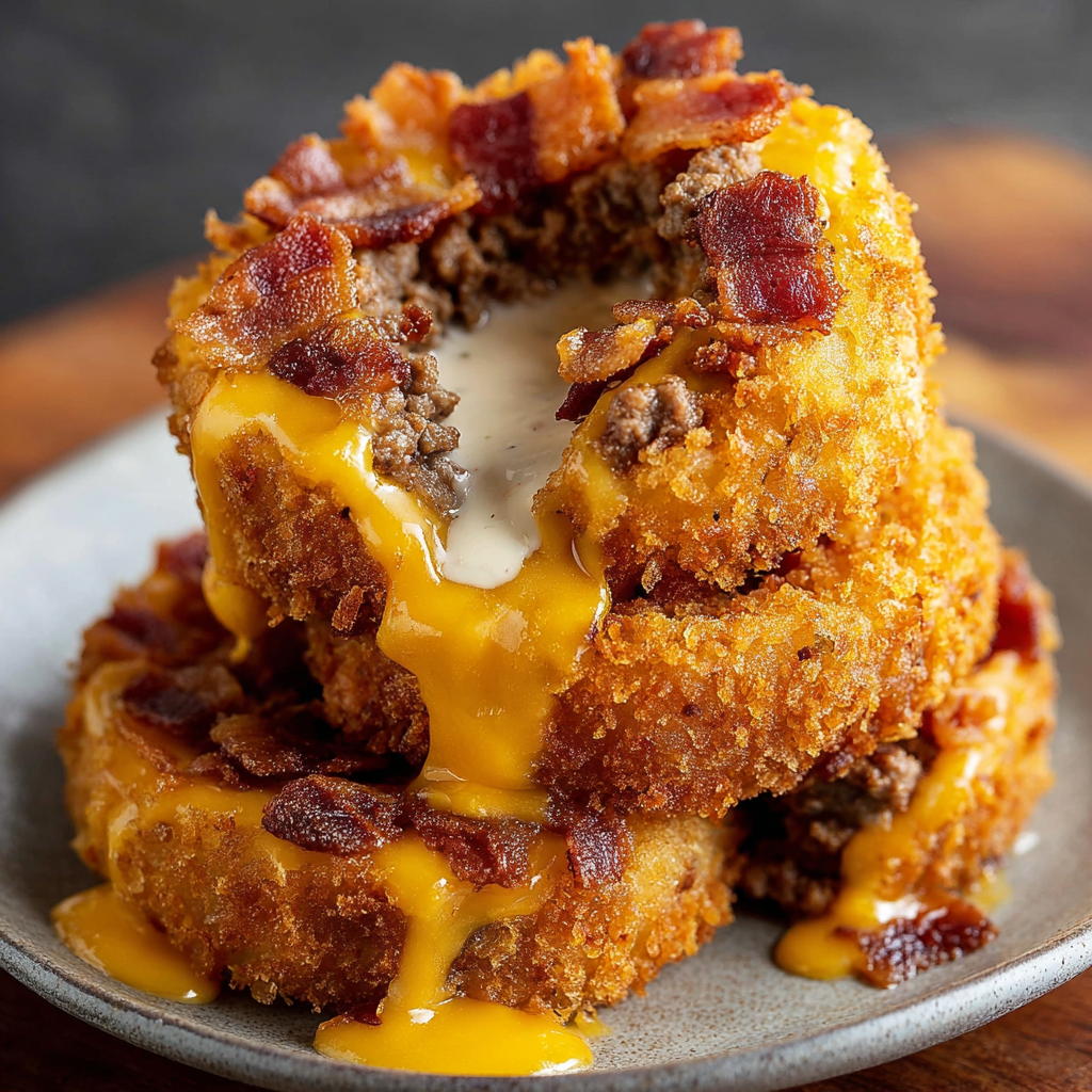 Loaded Bacon Cheeseburger Onion Rings with Ranch Dipping Sauce