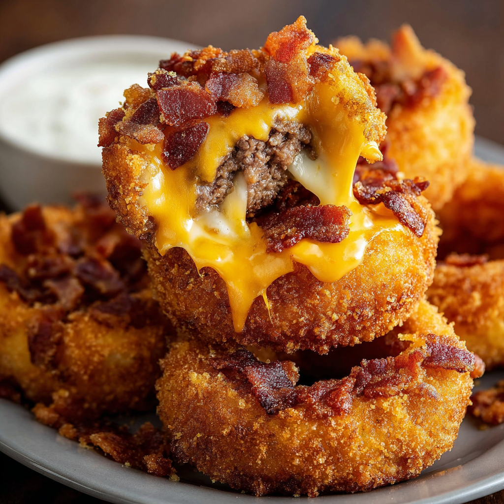 Loaded Bacon Cheeseburger Onion Rings with Ranch Dipping Sauce