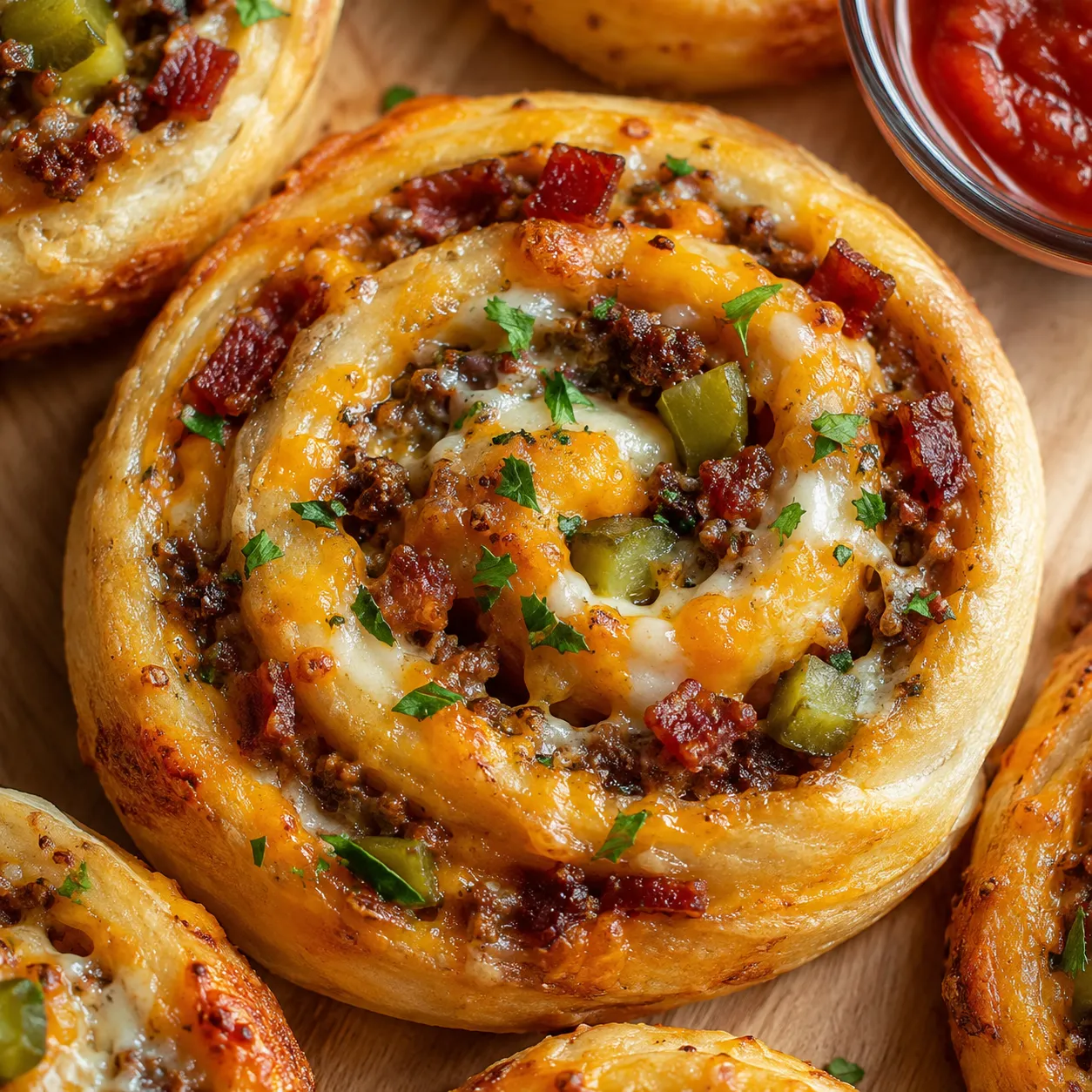 Bacon cheeseburger pizza pinwheels with melted cheese and dipping sauce