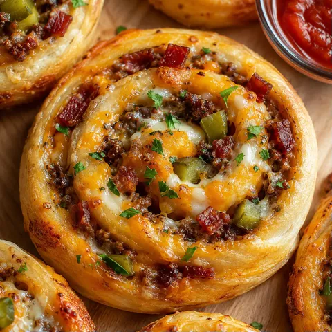 Bacon cheeseburger pizza pinwheels with melted cheese and dipping sauce