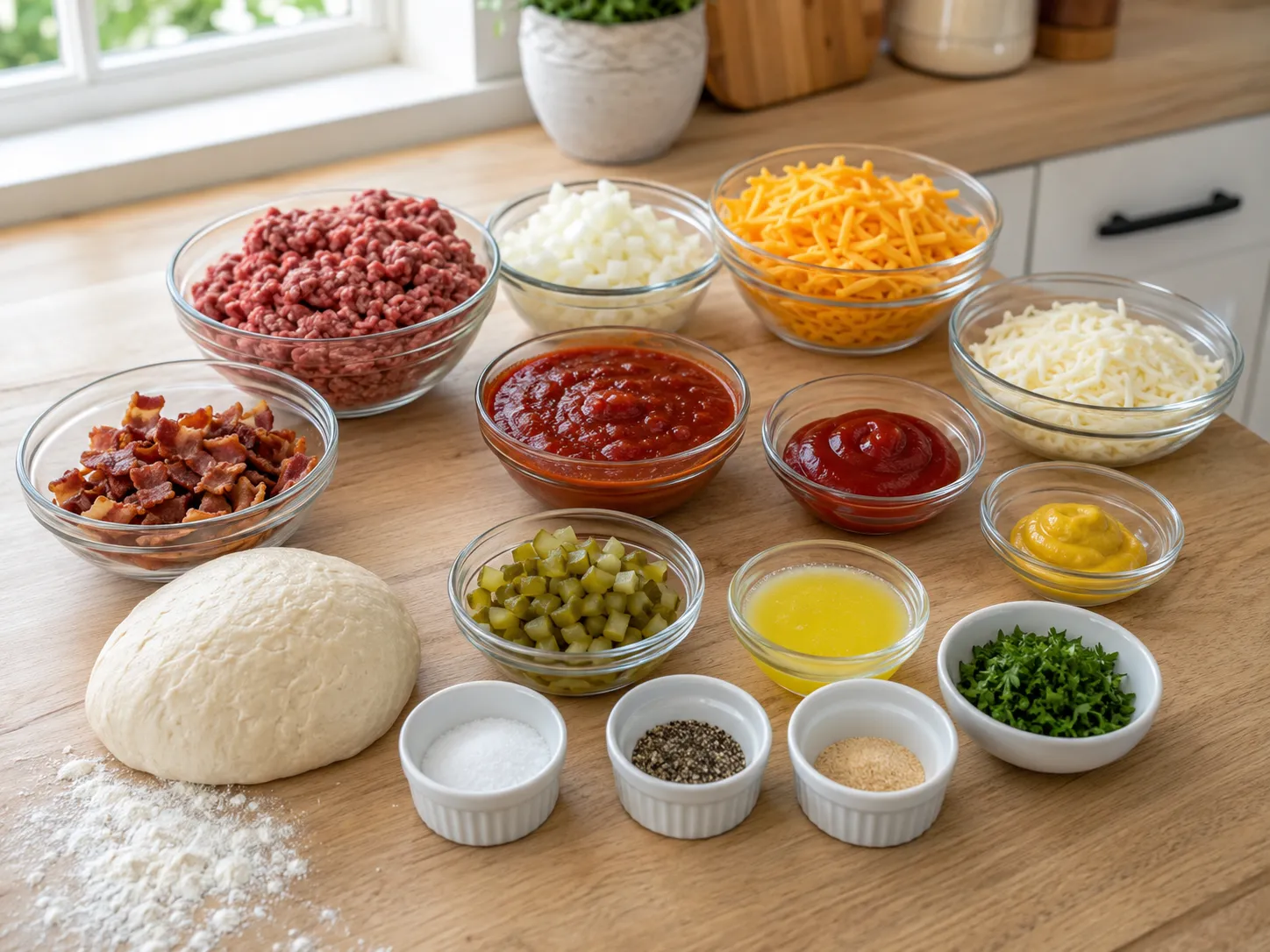 Ingredients for bacon cheeseburger pizza pinwheels on a wooden counter
