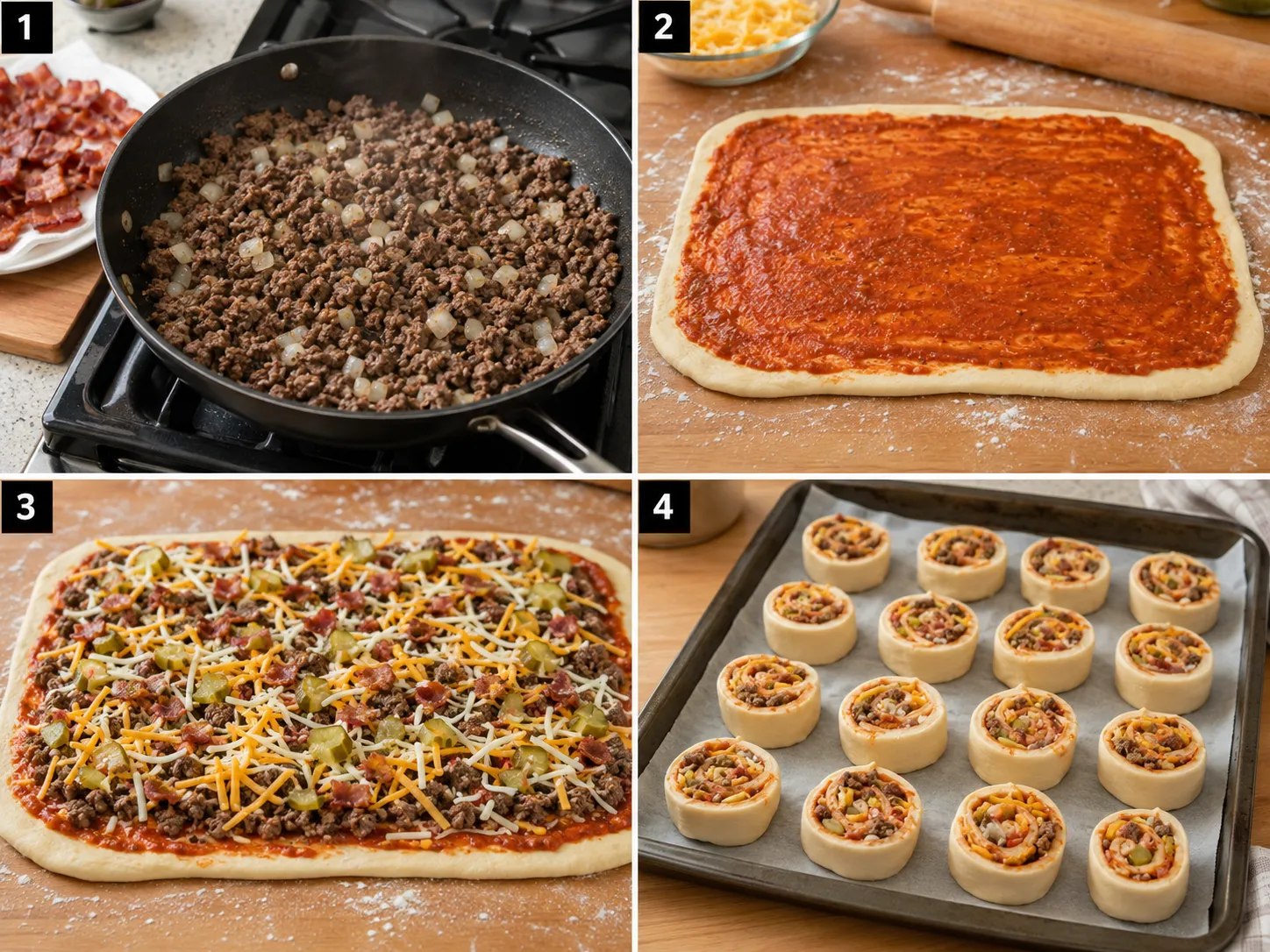 Four steps for making bacon cheeseburger pizza pinwheels