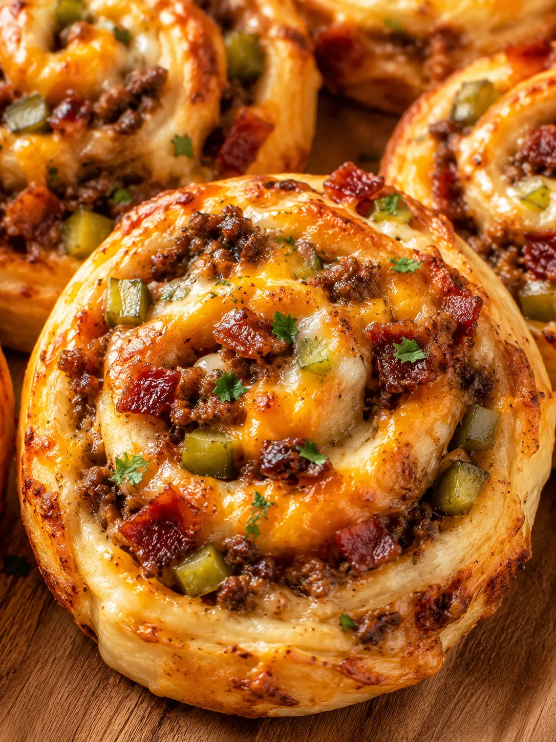 Golden bacon cheeseburger pizza pinwheels with cheese, bacon, and pickles