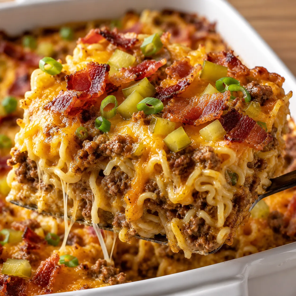 Bacon cheeseburger ramen noodle bake with bacon, cheddar, and pickles