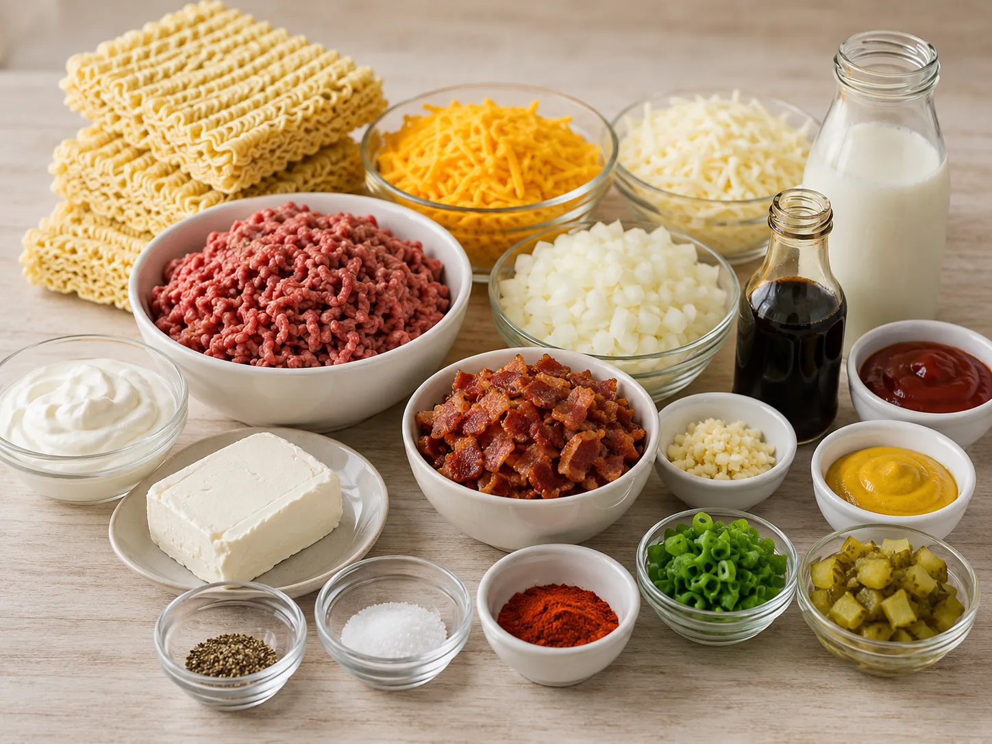 Ingredients for bacon cheeseburger ramen noodle bake on a wooden surface