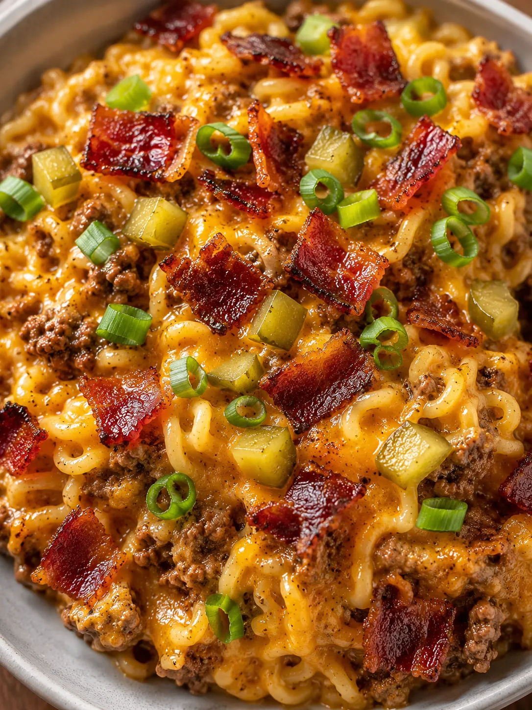 Bowl of bacon cheeseburger ramen noodle bake with melted cheddar and pickles