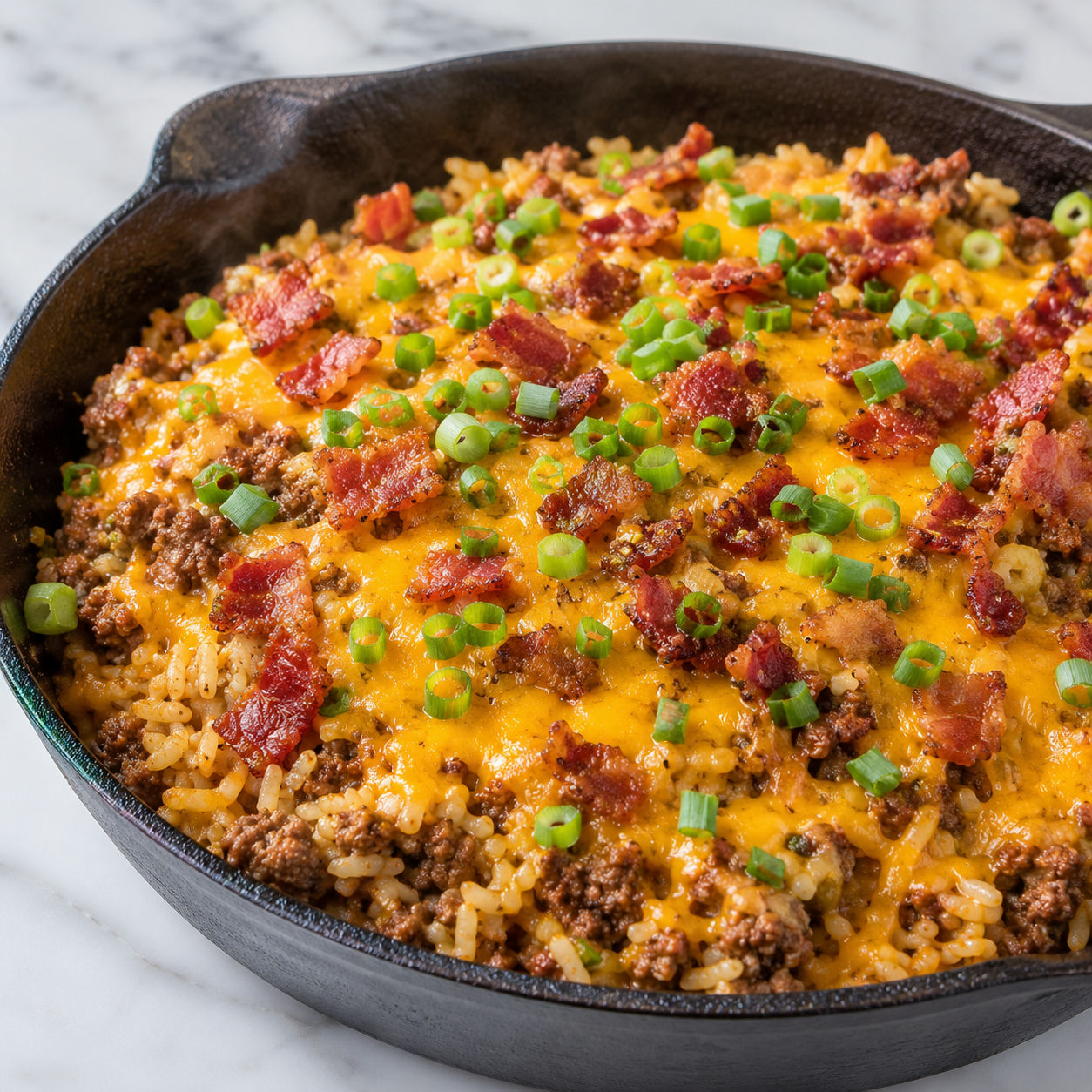 Bacon cheeseburger rice with melted cheddar, crispy bacon, and green onions in a cast iron skillet
