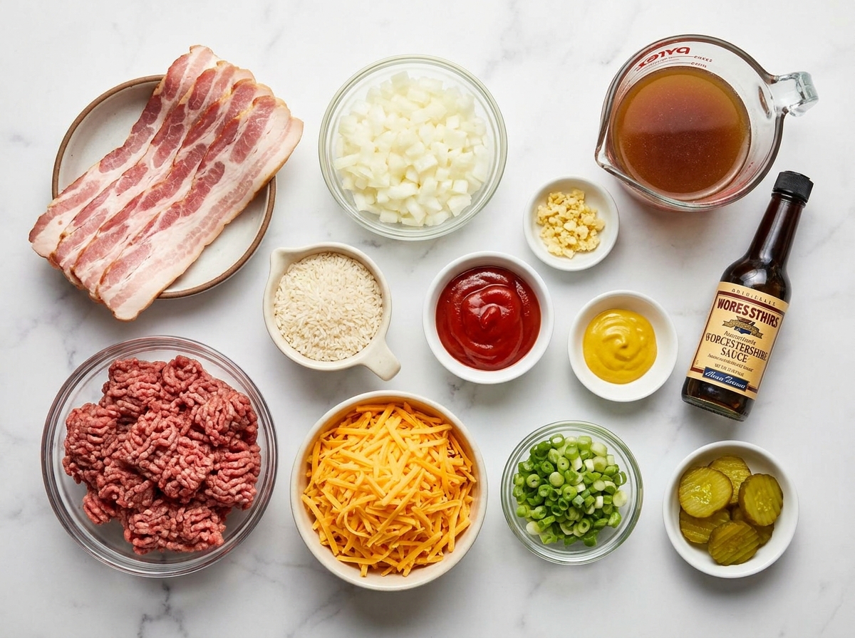 Raw ingredients for bacon cheeseburger rice arranged on a wooden surface