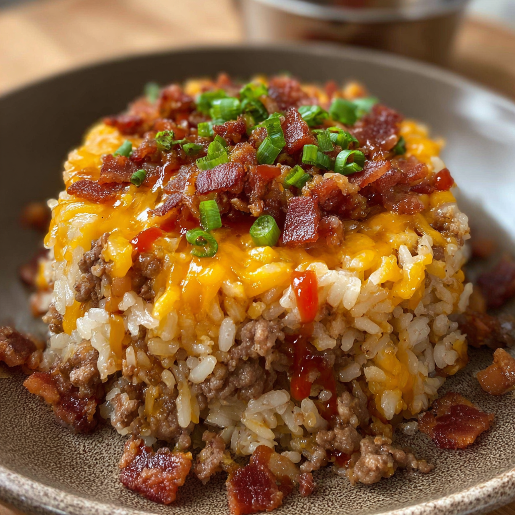 Bacon Cheeseburger Rice Stack with Melty Cheddar and Crisp Bacon