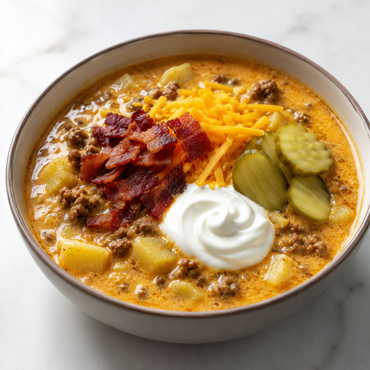 Bowl of bacon cheeseburger soup topped with shredded cheddar, crumbled bacon, pickles, and sour cream