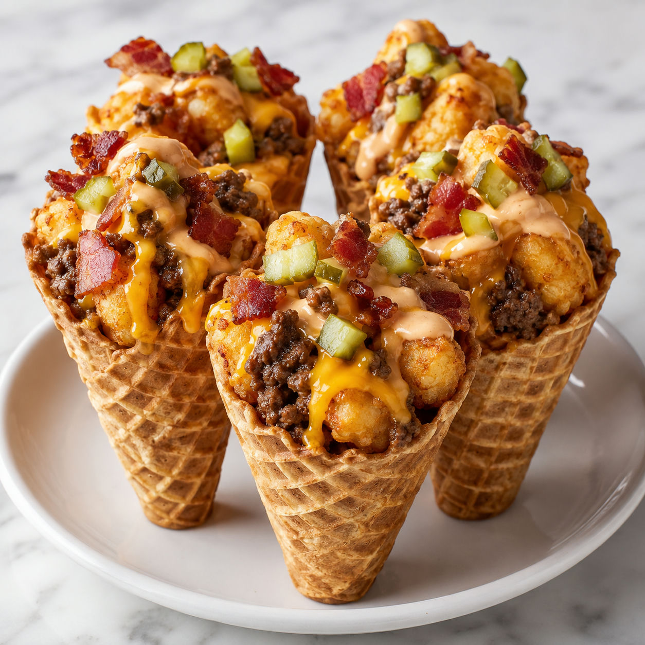 Bacon cheeseburger tater tot cones with cheddar, bacon, pickles, and sauce