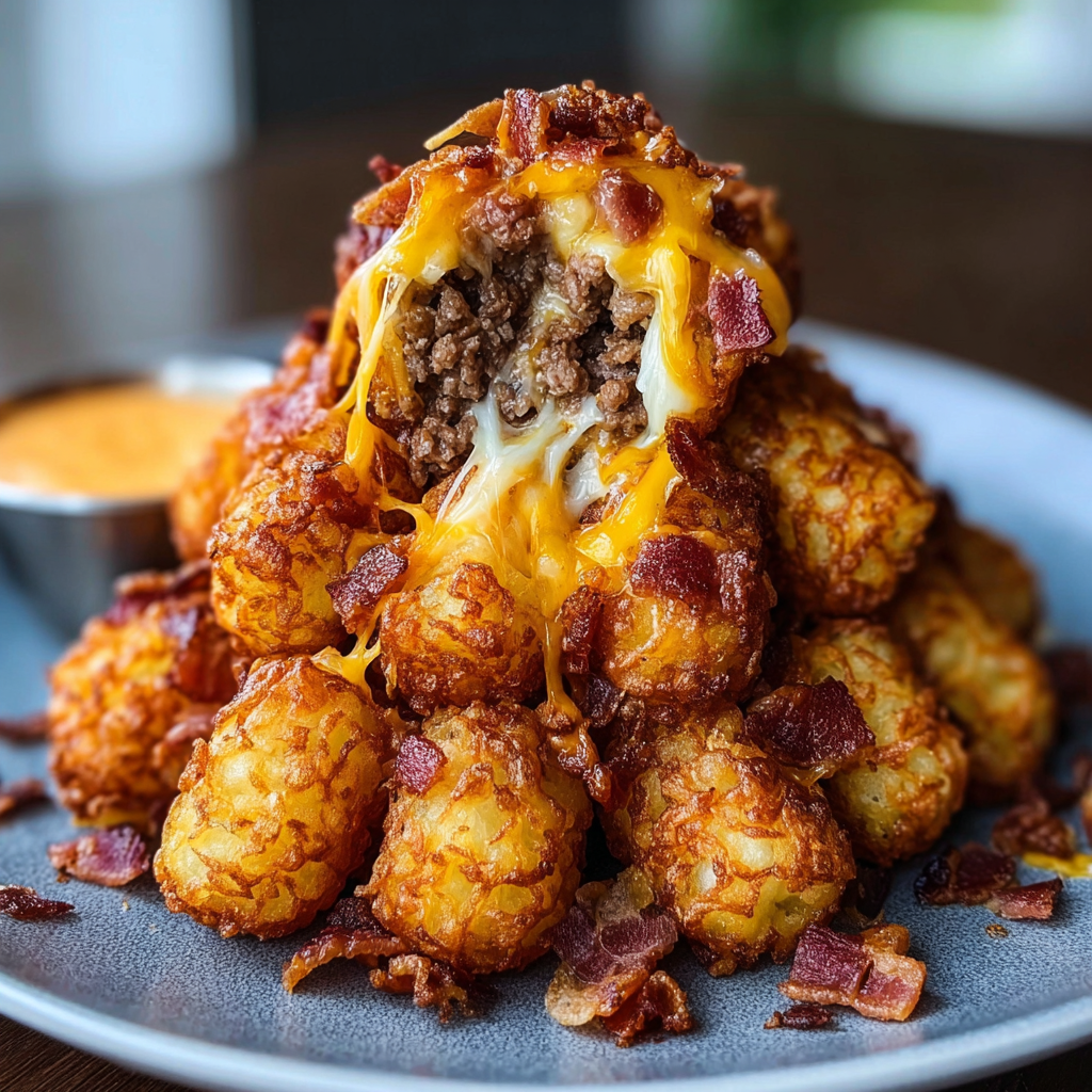 Bacon Cheeseburger Tater Tot Cones with Cheddar and Bacon