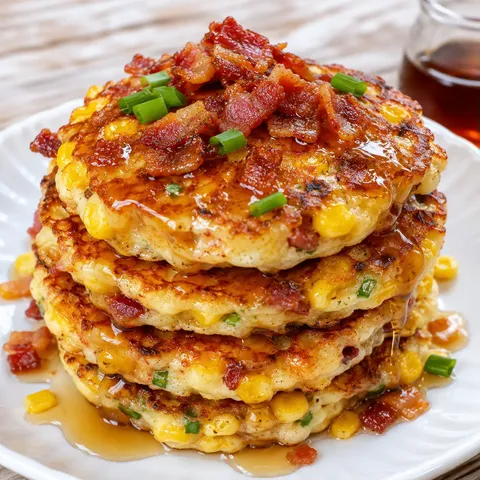 Bacon corn griddle cakes with maple syrup and scallions