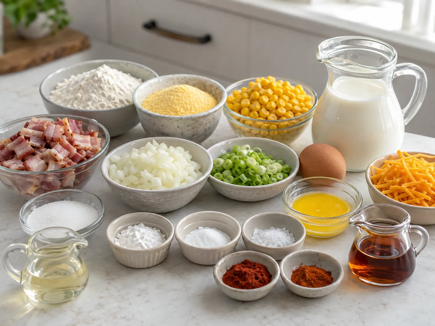 Ingredients for bacon corn griddle cakes with cornmeal, bacon, corn, and cheddar