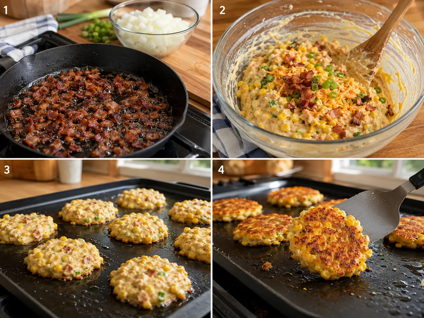 Four cooking steps for bacon corn griddle cakes on a griddle