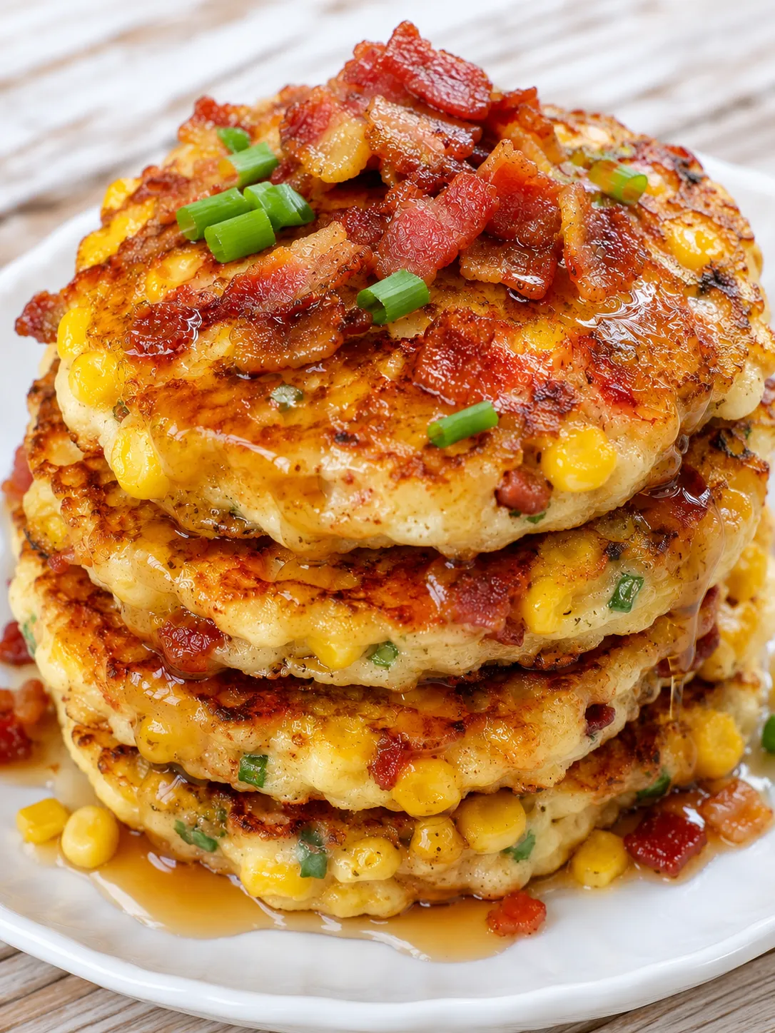 Stack of bacon corn griddle cakes with syrup and scallions