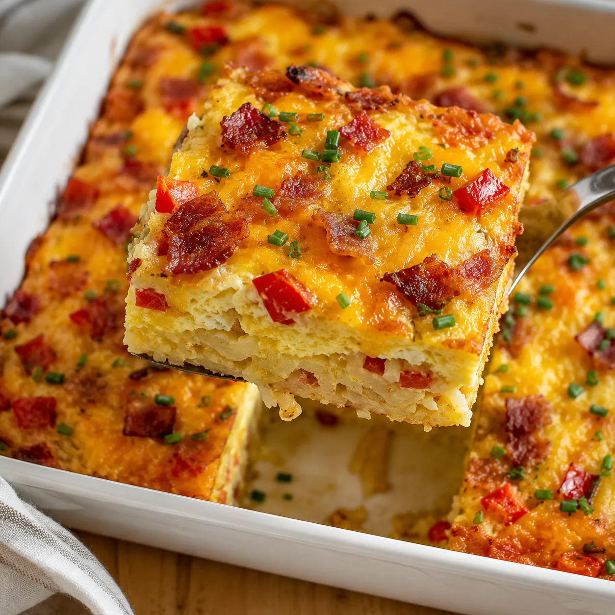 Bacon egg and cheese breakfast bake with cheddar and chives