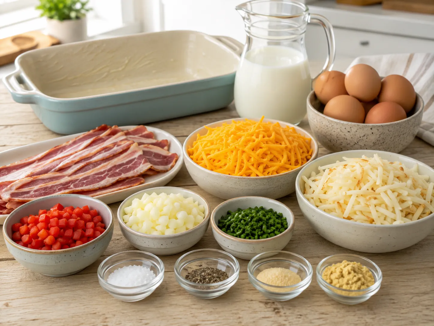 Ingredients for bacon egg and cheese breakfast bake on a wood table
