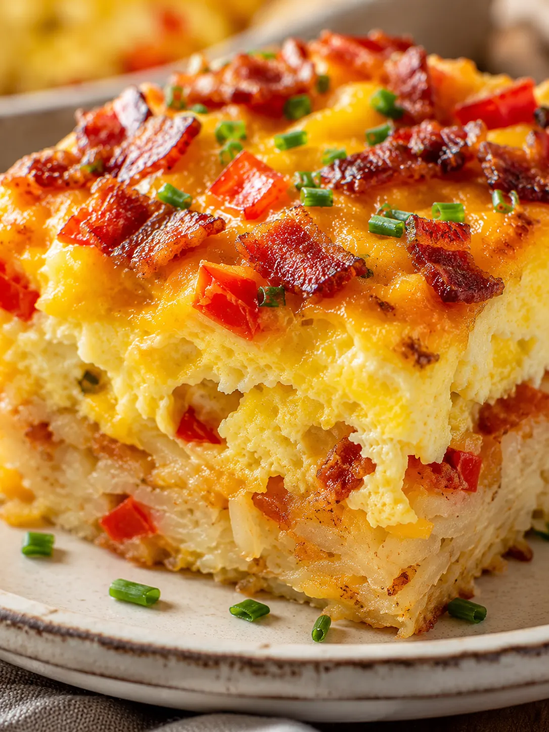 Golden slice of bacon egg and cheese breakfast bake with chives