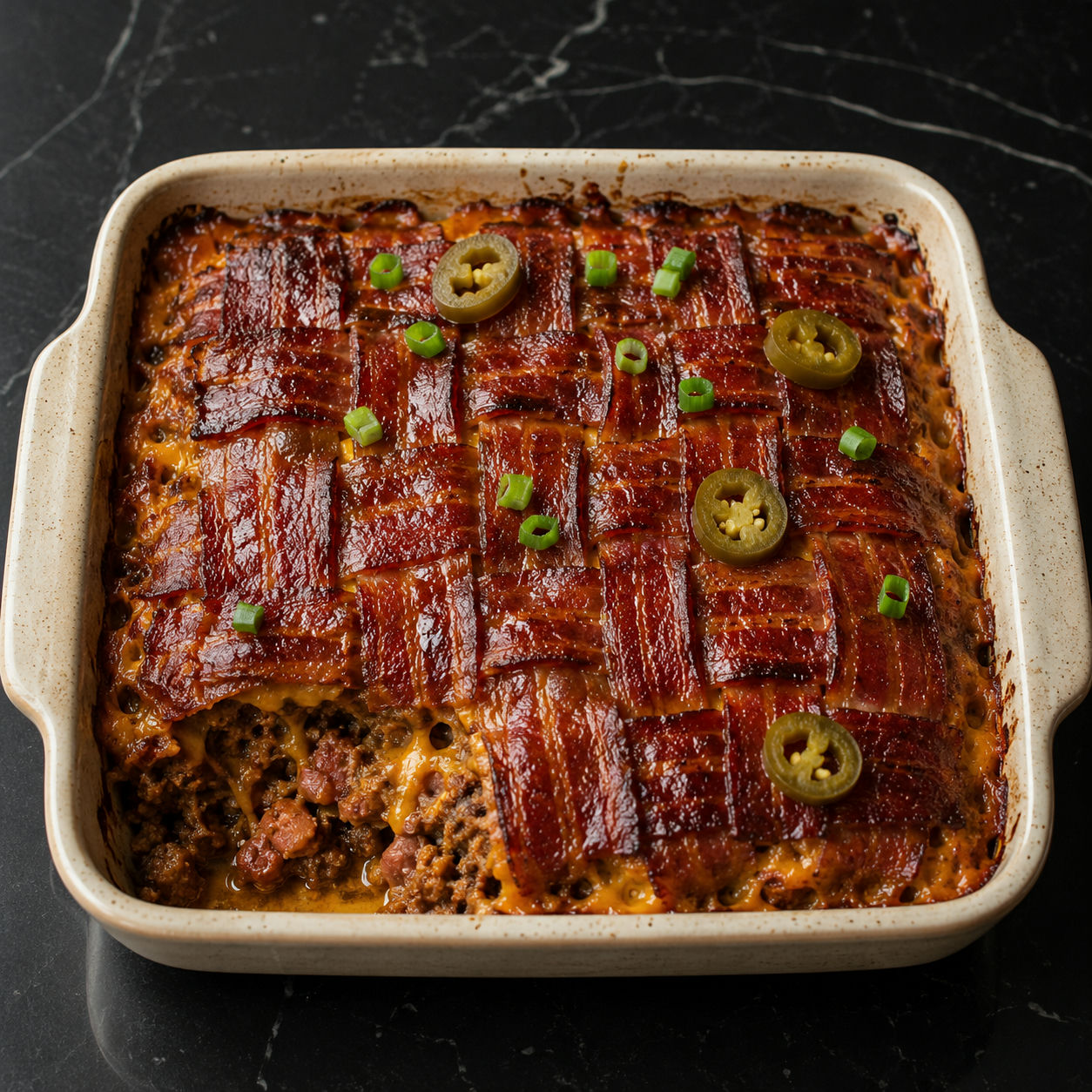 Bacon Explosion Casserole with a crisp bacon lattice and melted cheddar