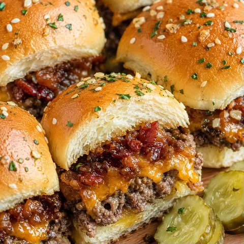 Bacon jam cheeseburger sliders with cheddar and glossy bacon onion jam