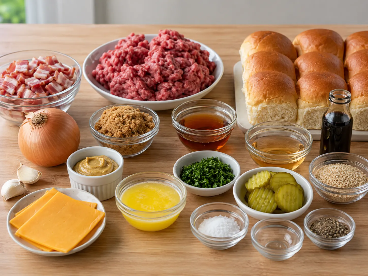 Ingredients for bacon jam cheeseburger sliders on a light wood surface