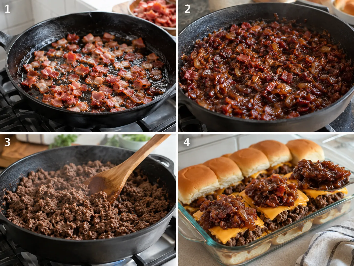 Four cooking steps for bacon jam cheeseburger sliders