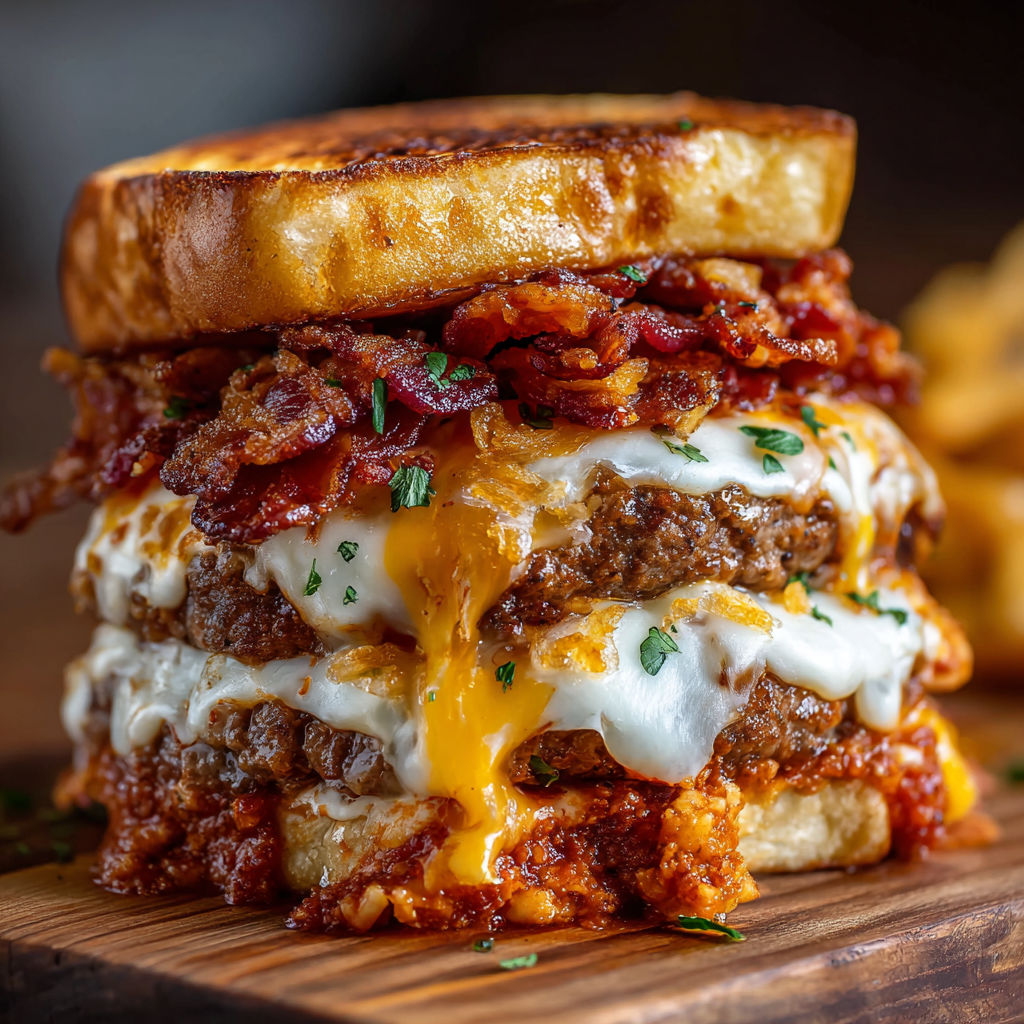 Bacon Lasagna Burger Stack with Crispy Layers and Melty Cheese