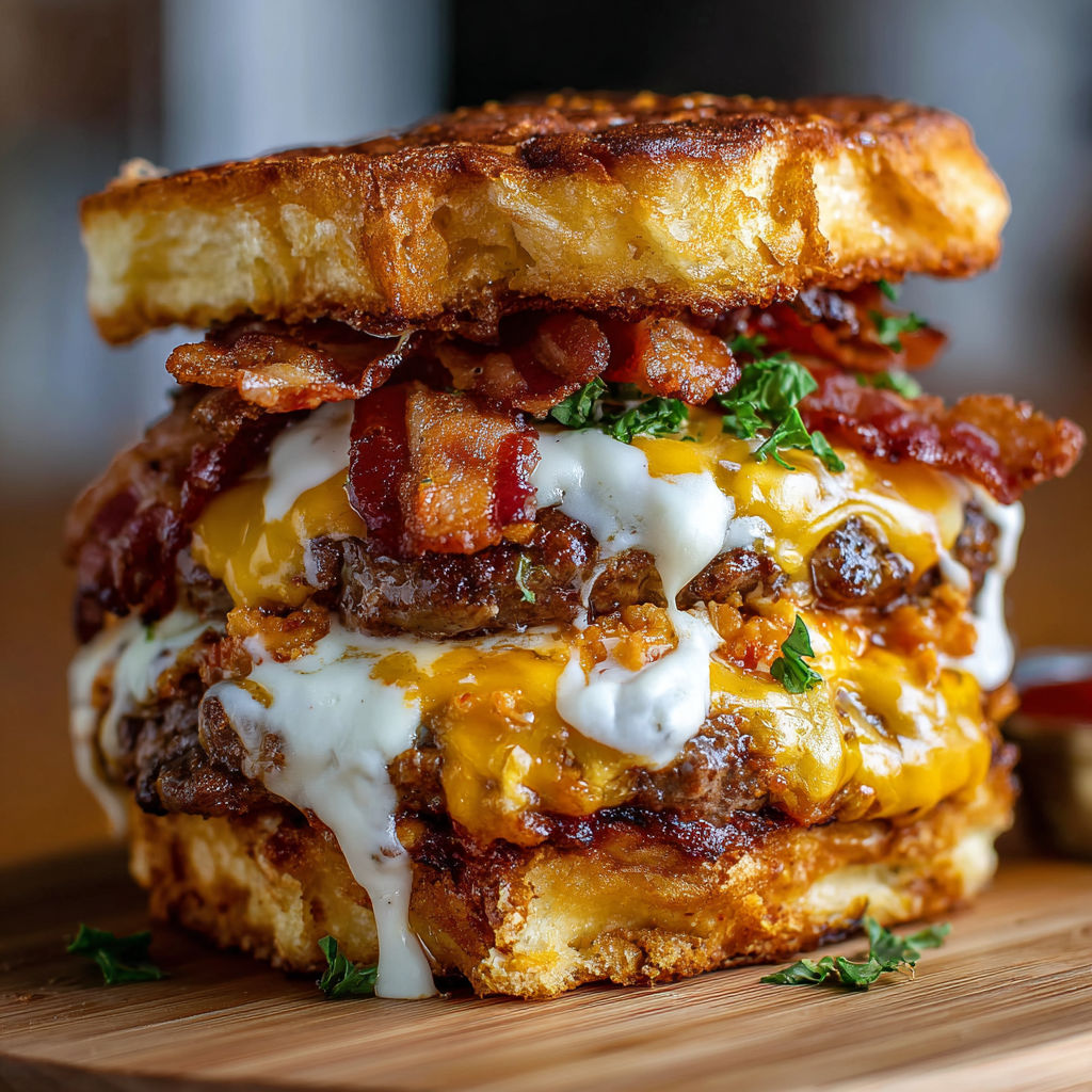 Bacon Lasagna Burger Stack with Crispy Layers and Melty Cheese