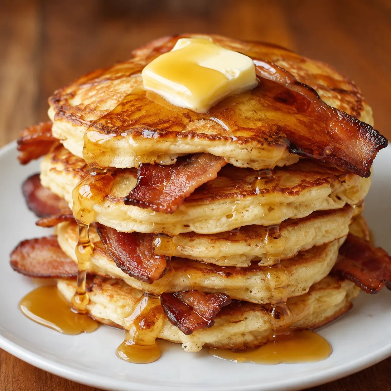 Bacon pancakes with maple syrup and melting butter on a breakfast plate